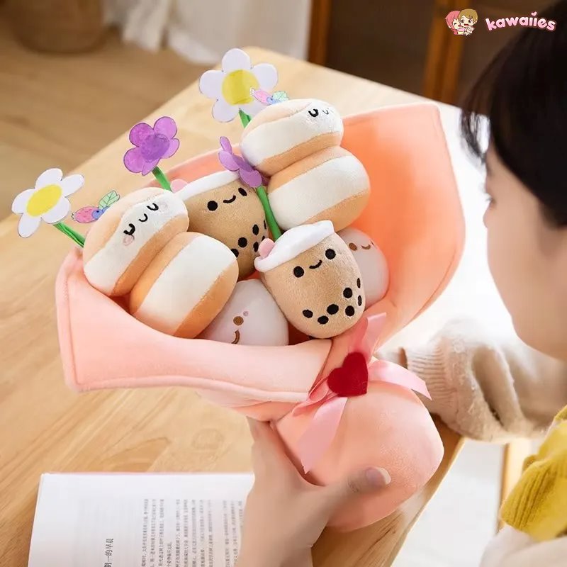 Delightful Boba Bubble Tea Plushie with a Charming Flower Bouquet Design