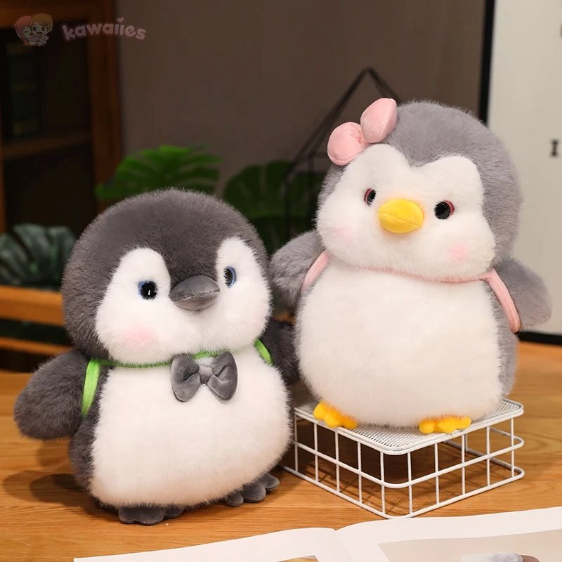 Fluffy Gray Penguin Plushie with Turtle Backpack
