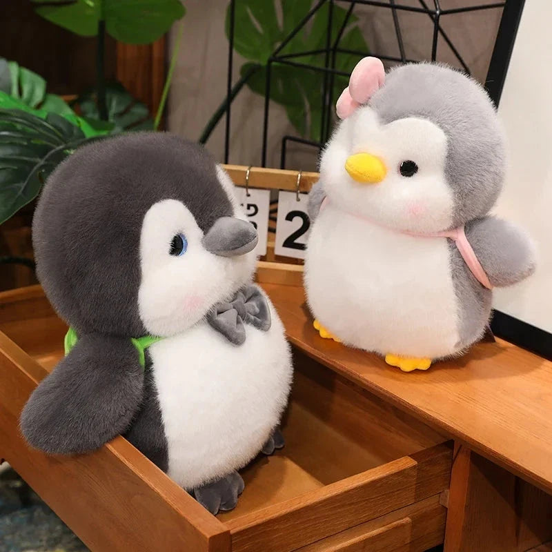 Fluffy Gray Penguin Plushie with Turtle Backpack