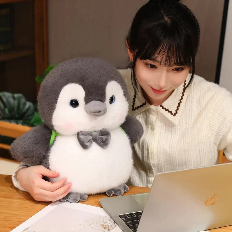 Fluffy Gray Penguin Plushie with Turtle Backpack