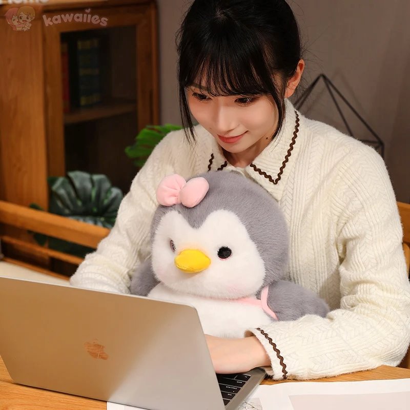 Fluffy Gray Penguin Plushie with Turtle Backpack