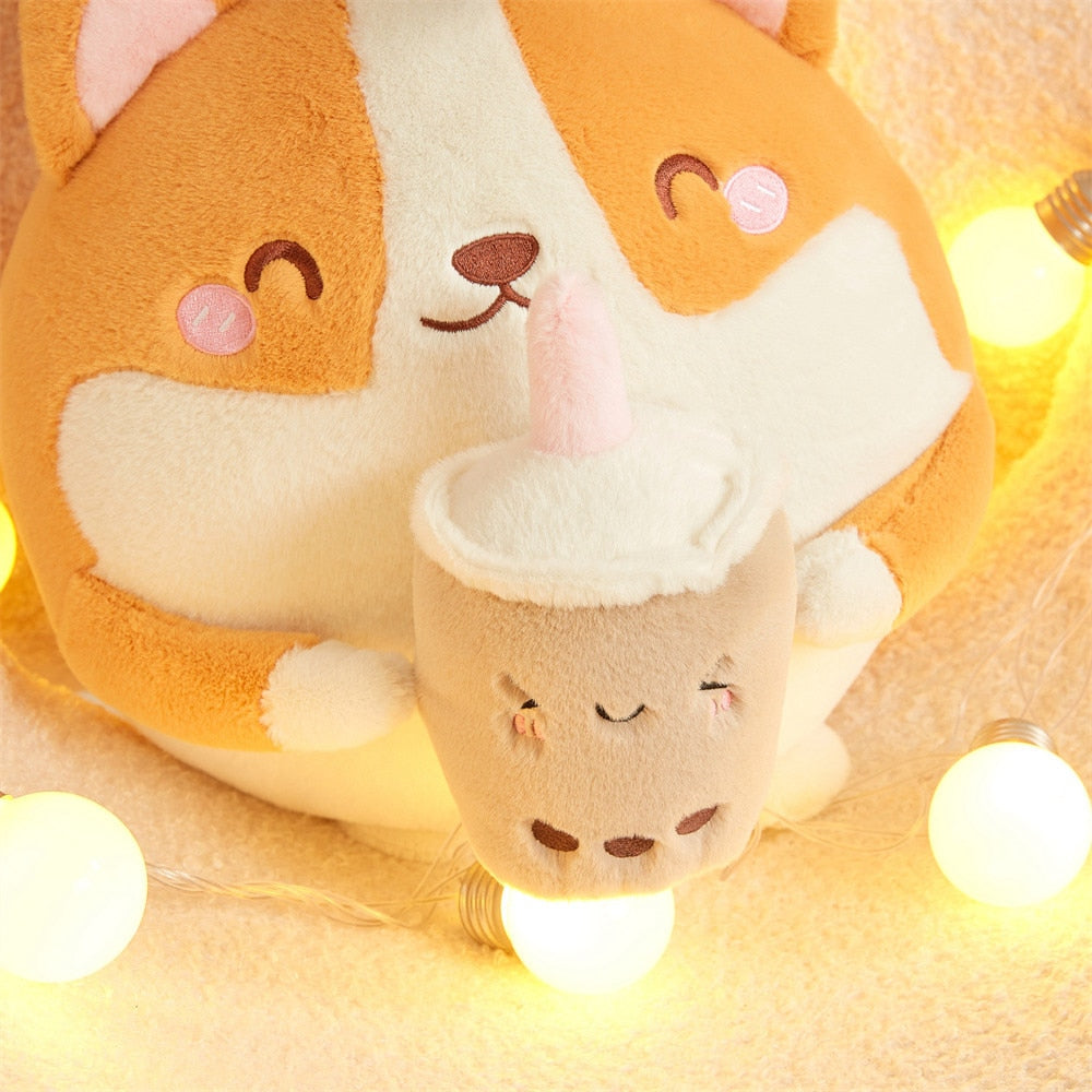 Adorable Fluffy Round Chubby Corgi Bubble Tea Plush Toy