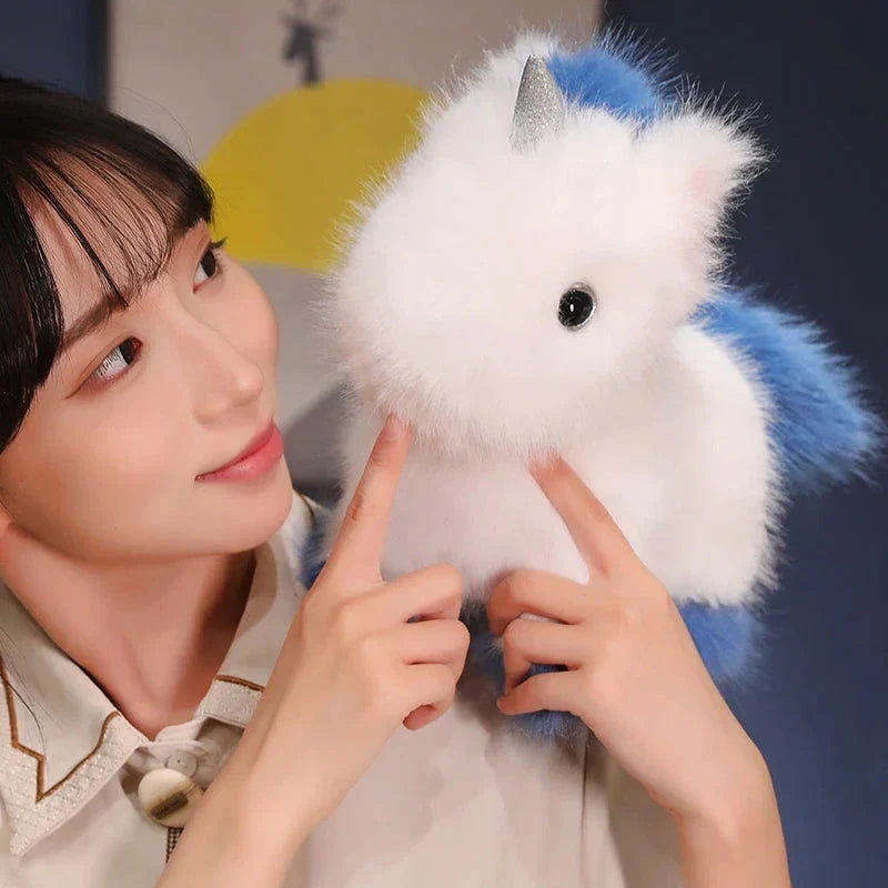 Adorable Fluffy Chibi Unicorn Plushie in White, Blue, and Purple