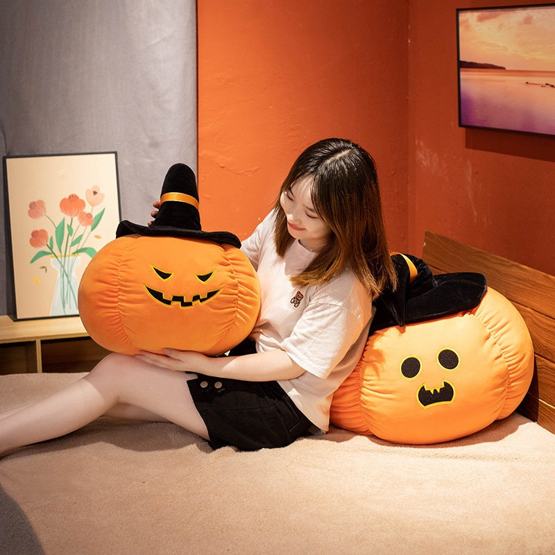 Charming Halloween Pumpkin & Black Hat Plushie Set