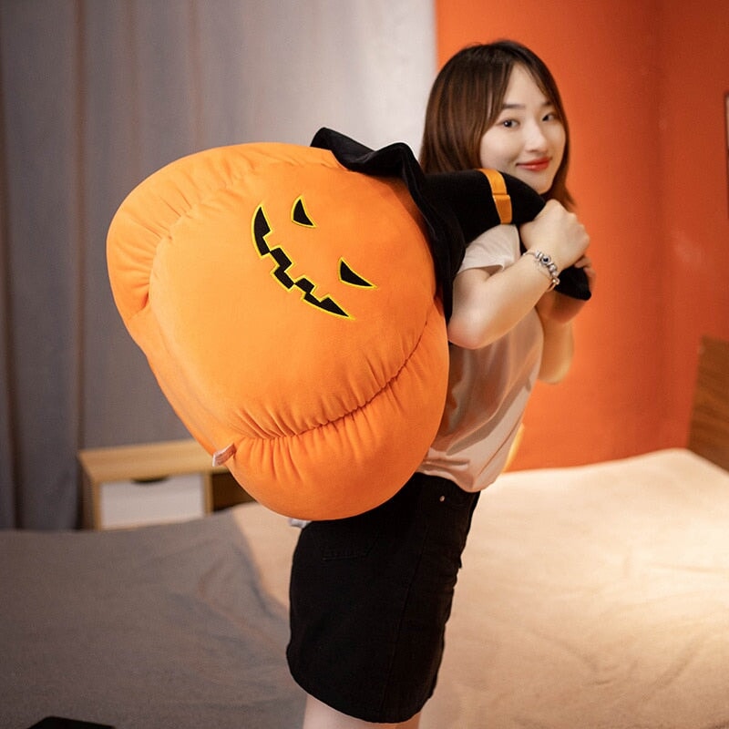 Charming Halloween Pumpkin & Black Hat Plushie Set
