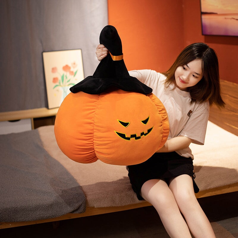 Charming Halloween Pumpkin & Black Hat Plushie Set