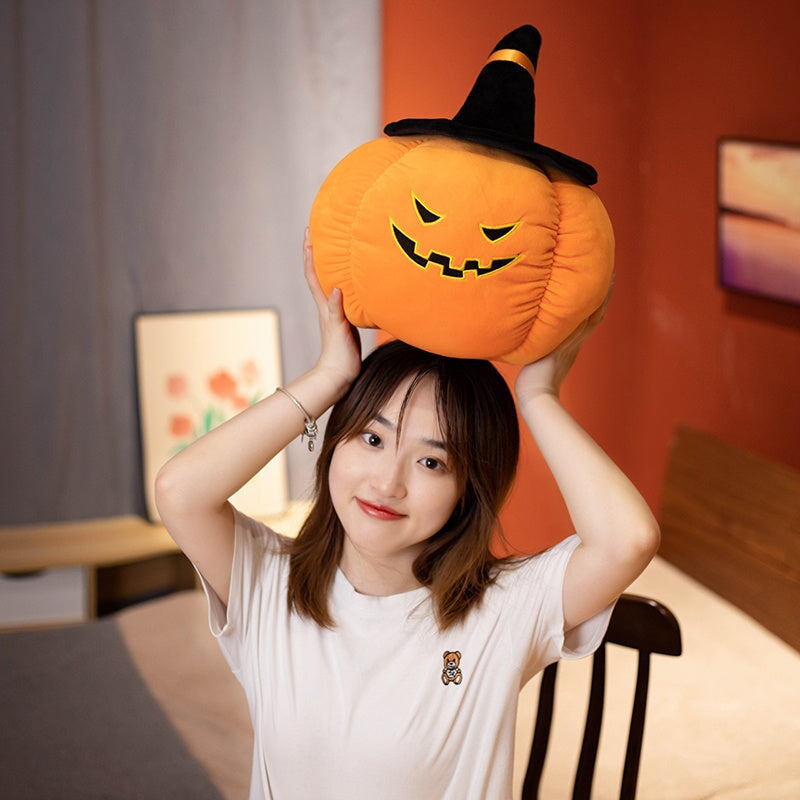 Charming Halloween Pumpkin & Black Hat Plushie Set