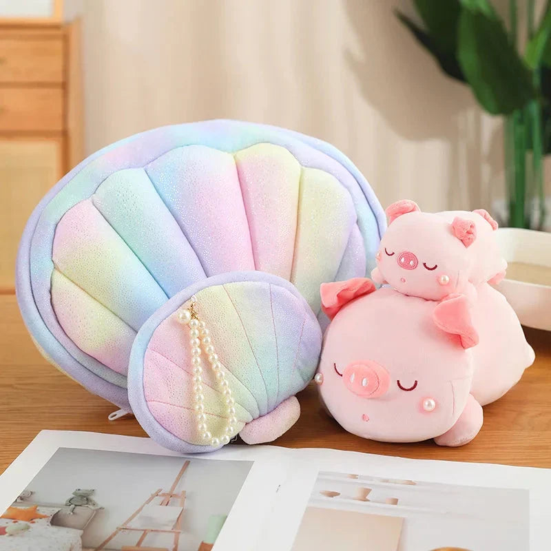 Adorable Jeju the Pig Plushie Snuggled in a Cozy Shell