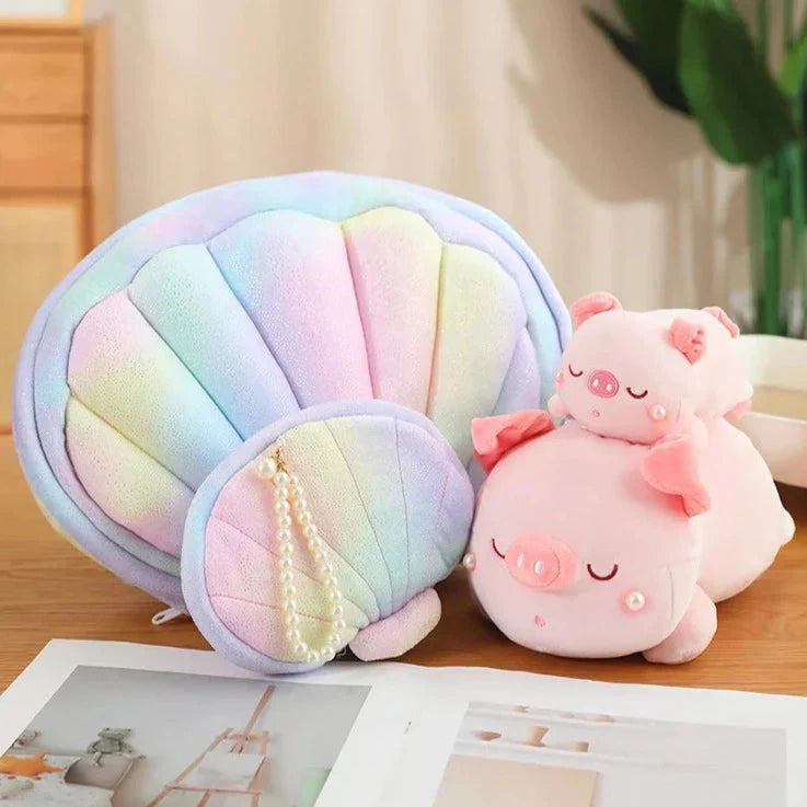 Adorable Jeju the Pig Plushie Snuggled in a Cozy Shell