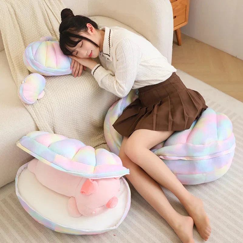 Adorable Jeju the Pig Plushie Snuggled in a Cozy Shell