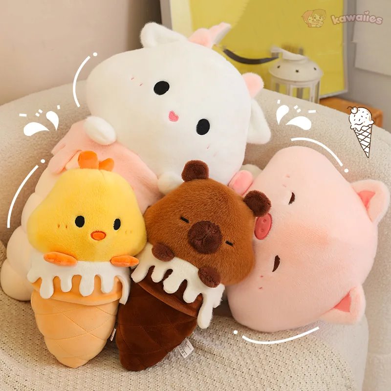 Adorable Kawaii Ice Cream-Inspired Plushie Collection: Pig, Capybara, Chick, and Sheep!