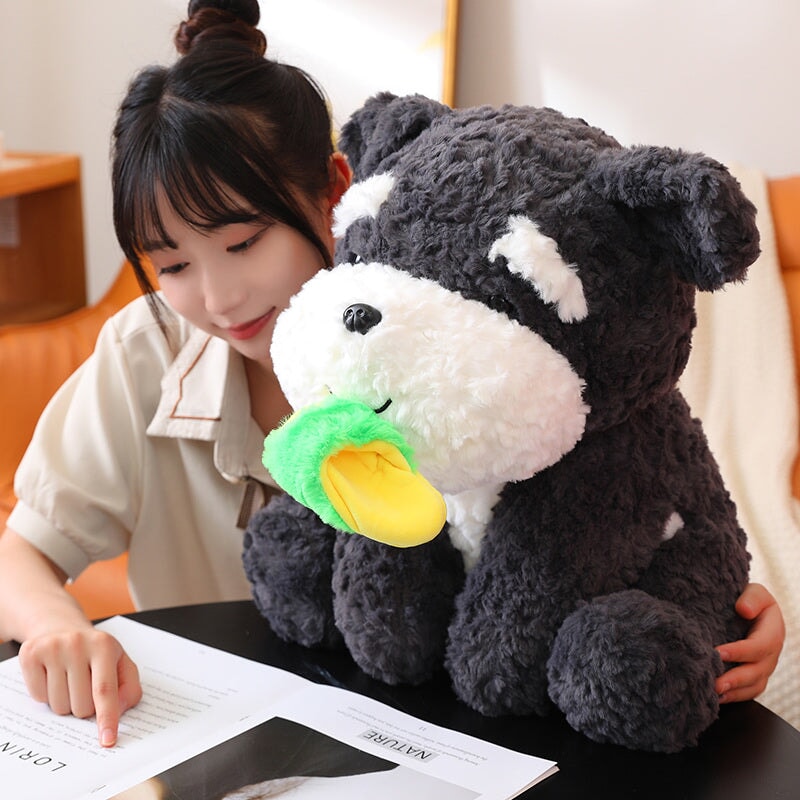 Adorable Kawaii Sooty the Fluffy Black Dog Plush with Cozy Slipper Design