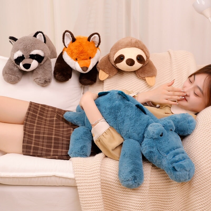 Laying Sloth and Fox Raccoon Crocodile Plushie Friends