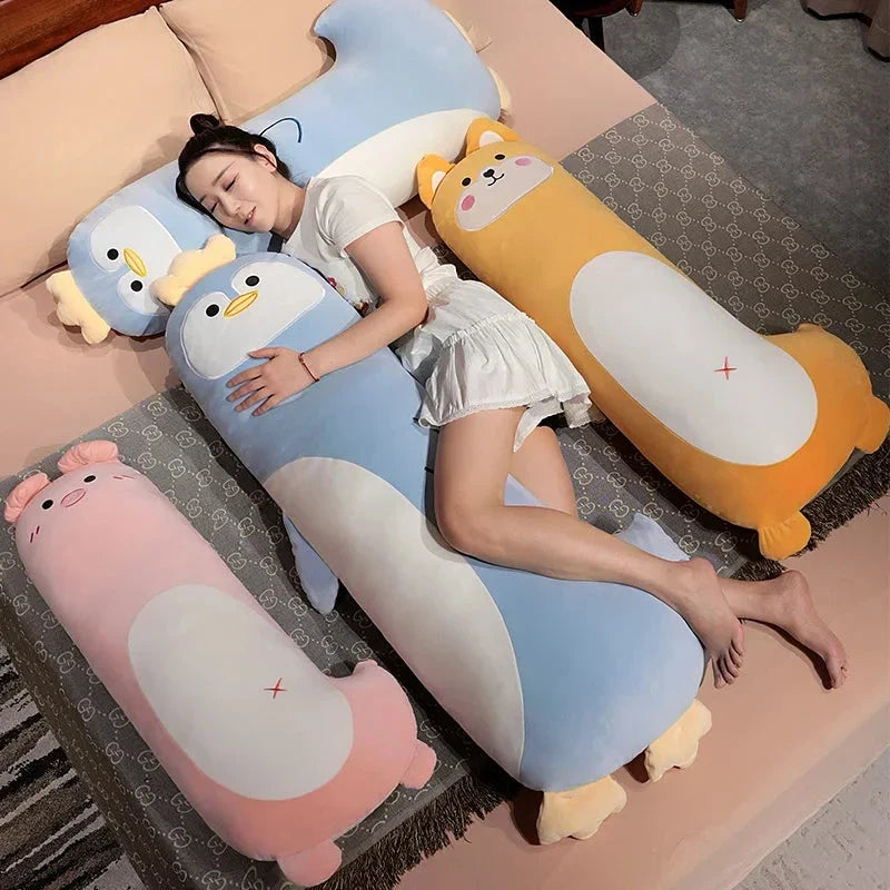 Snuggly Long Penguin, Shiba Inu, Pig, and Zebra Plush Friends