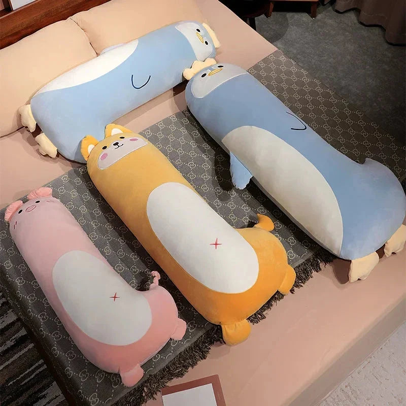 Snuggly Long Penguin, Shiba Inu, Pig, and Zebra Plush Friends