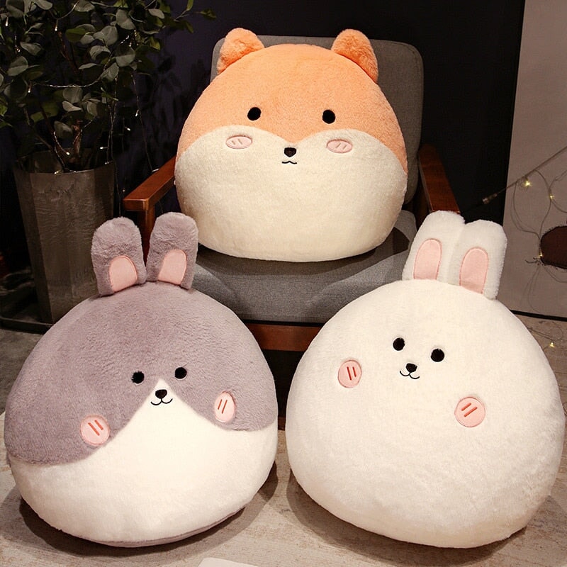 Adorable Round Plushie Collection: Cat, Bunny, and Fox Pillows