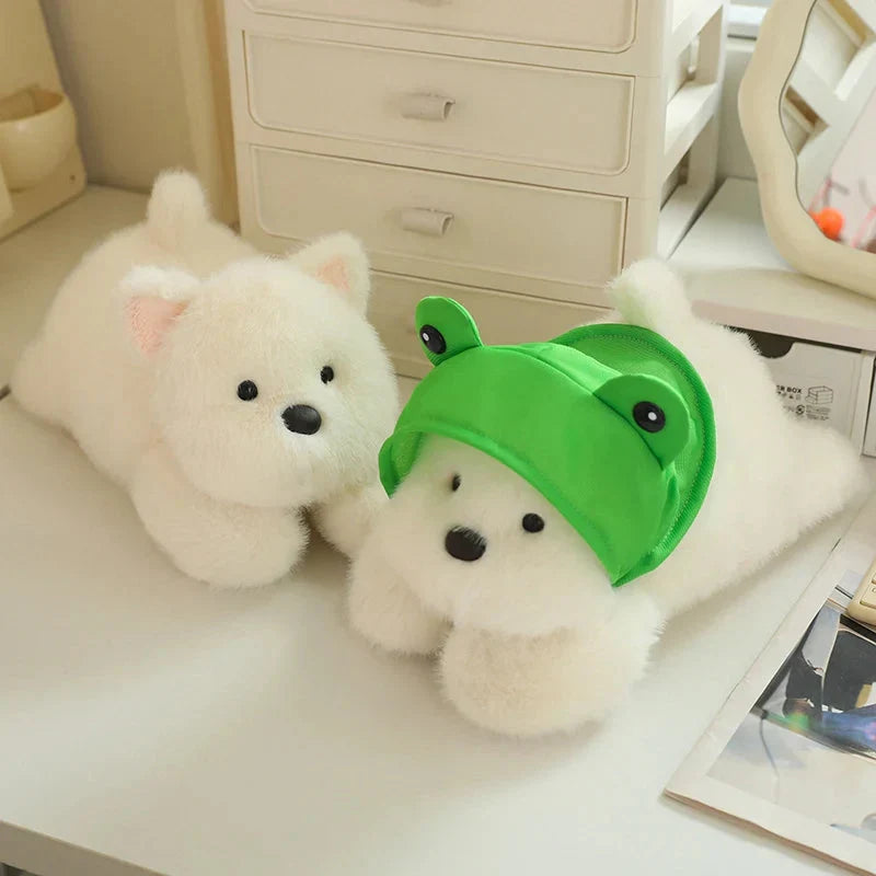 Adorable Snowy the White Maltese Plush Toy with Fun Frog Hat