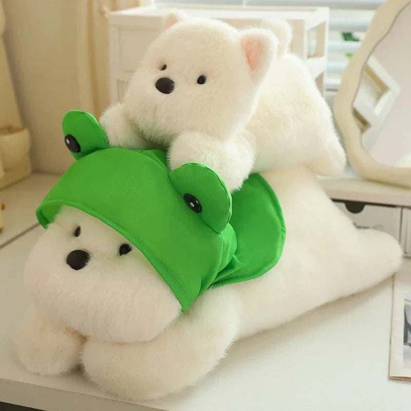 Adorable Snowy the White Maltese Plush Toy with Fun Frog Hat