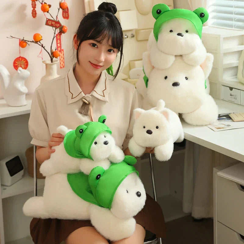 Adorable Snowy the White Maltese Plush Toy with Fun Frog Hat