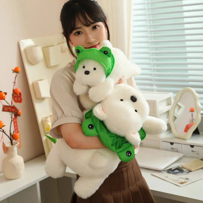 Adorable Snowy the White Maltese Plush Toy with Fun Frog Hat