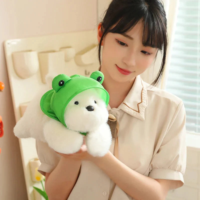 Adorable Snowy the White Maltese Plush Toy with Fun Frog Hat