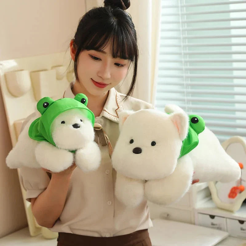 Adorable Snowy the White Maltese Plush Toy with Fun Frog Hat