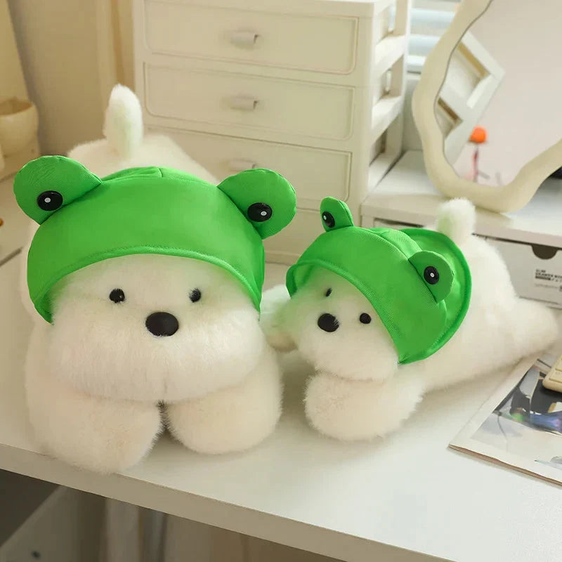 Adorable Snowy the White Maltese Plush Toy with Fun Frog Hat