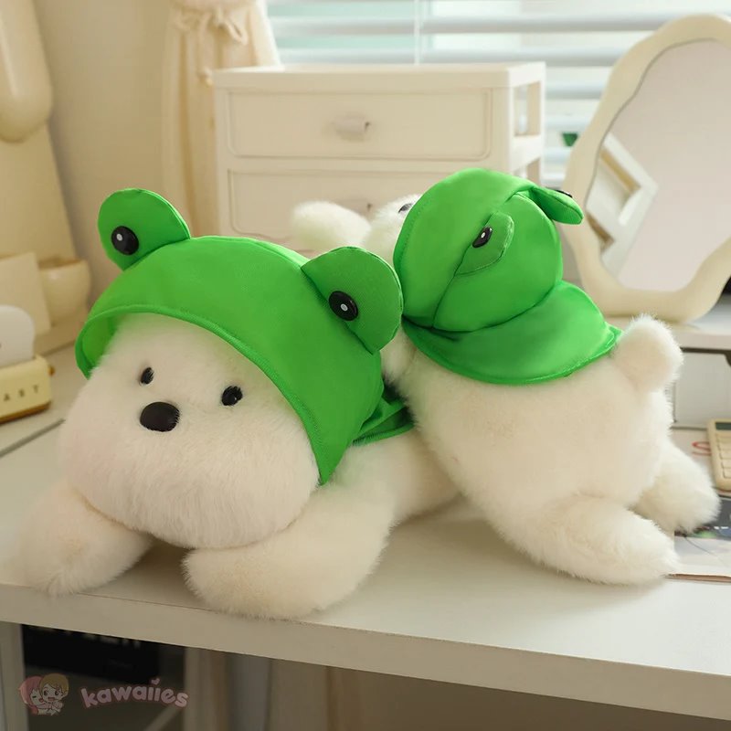 Adorable Snowy the White Maltese Plush Toy with Fun Frog Hat