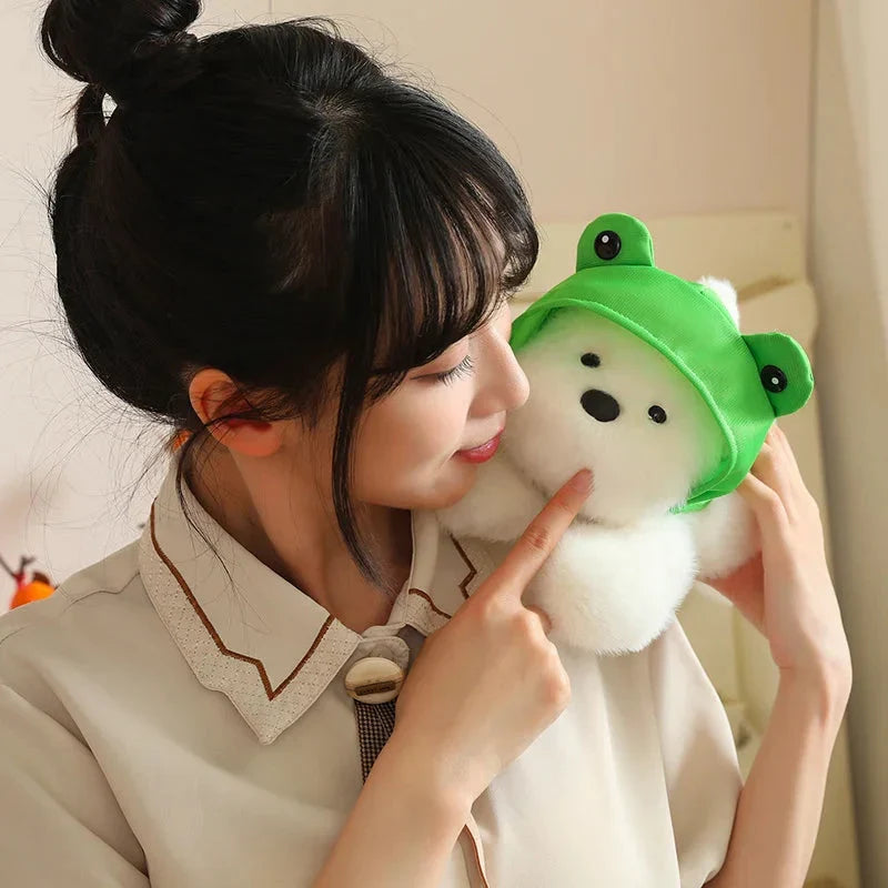 Adorable Snowy the White Maltese Plush Toy with Fun Frog Hat