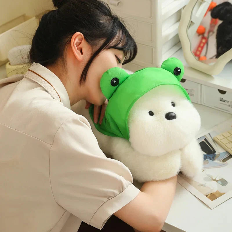 Adorable Snowy the White Maltese Plush Toy with Fun Frog Hat