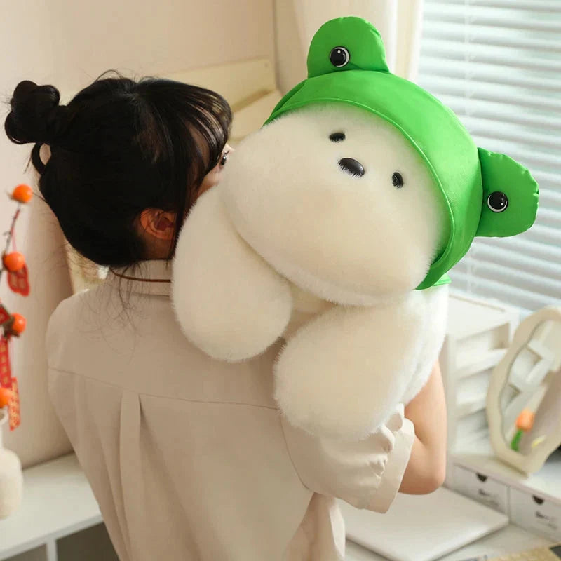 Adorable Snowy the White Maltese Plush Toy with Fun Frog Hat