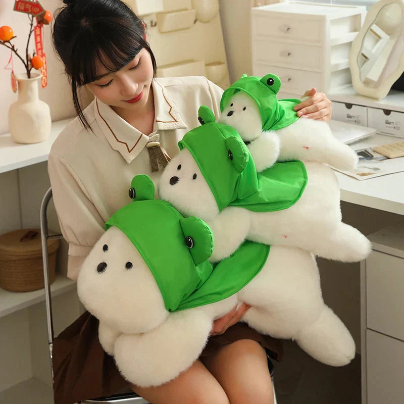 Adorable Snowy the White Maltese Plush Toy with Fun Frog Hat