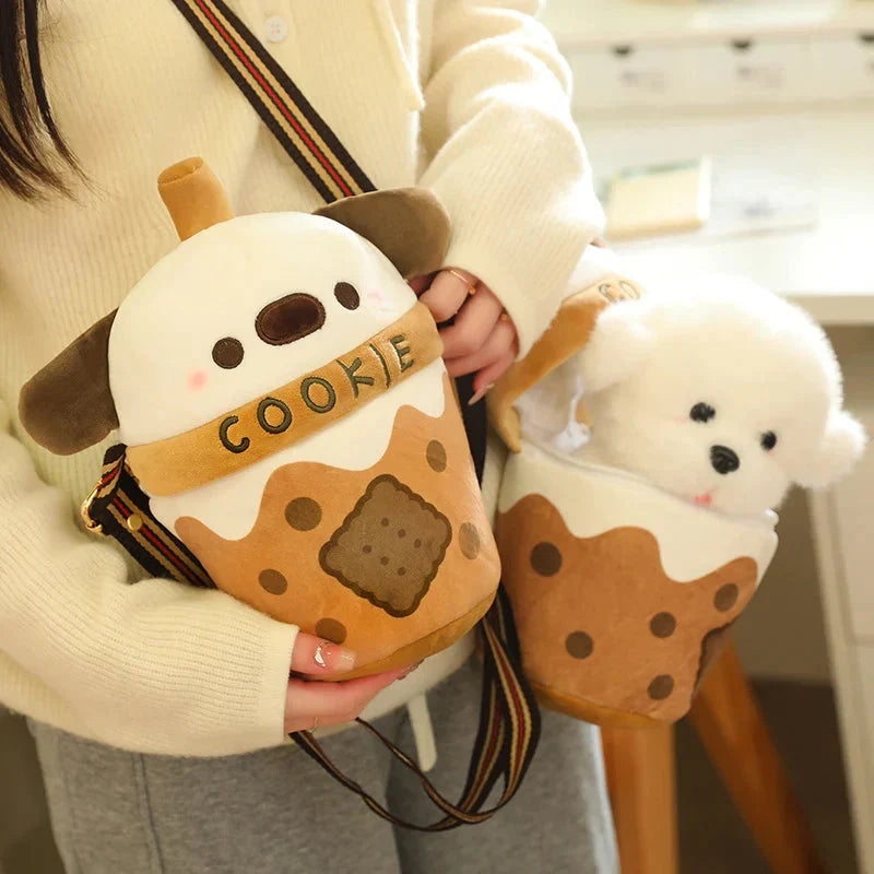 Adorable White Bichon Frisé Plushie Bubble Tea Cookie Tote