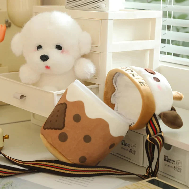 Adorable White Bichon Frisé Plushie Bubble Tea Cookie Tote