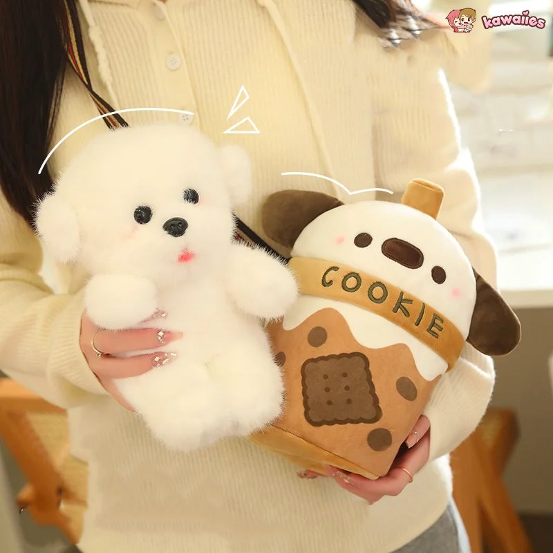 Adorable White Bichon Frisé Plushie Bubble Tea Cookie Tote