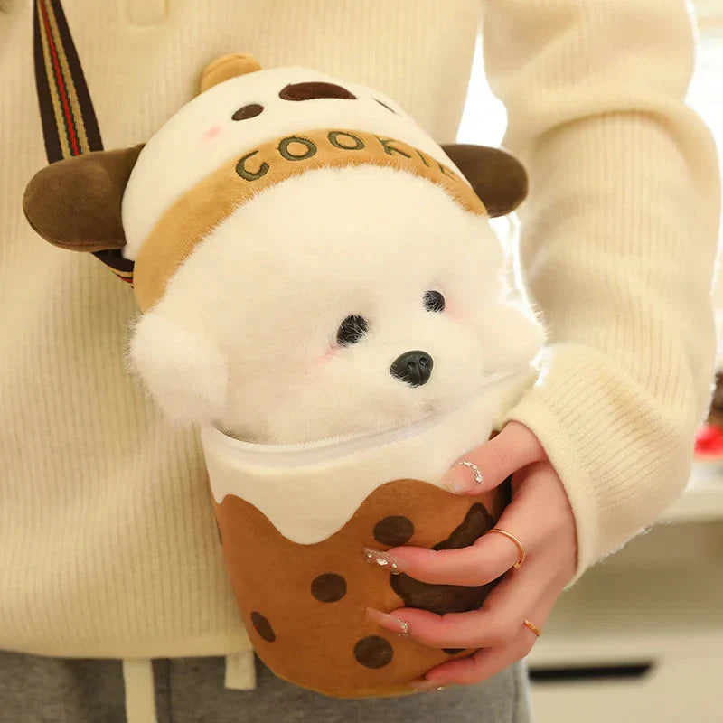 Adorable White Bichon Frisé Plushie Bubble Tea Cookie Tote