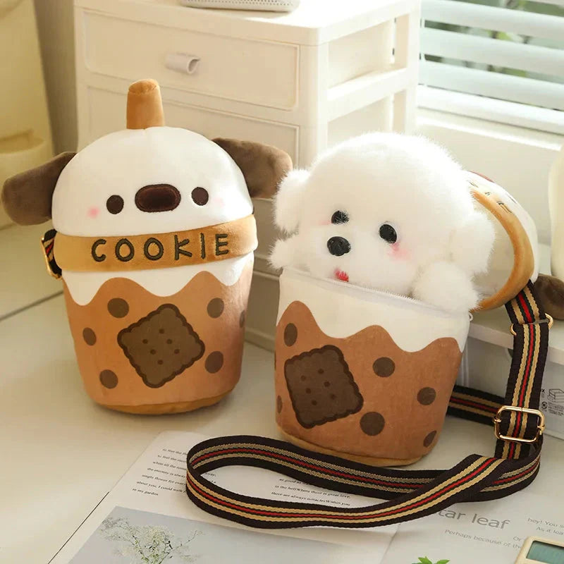 Adorable White Bichon Frisé Plushie Bubble Tea Cookie Tote