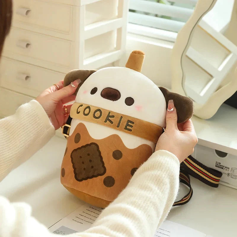 Adorable White Bichon Frisé Plushie Bubble Tea Cookie Tote
