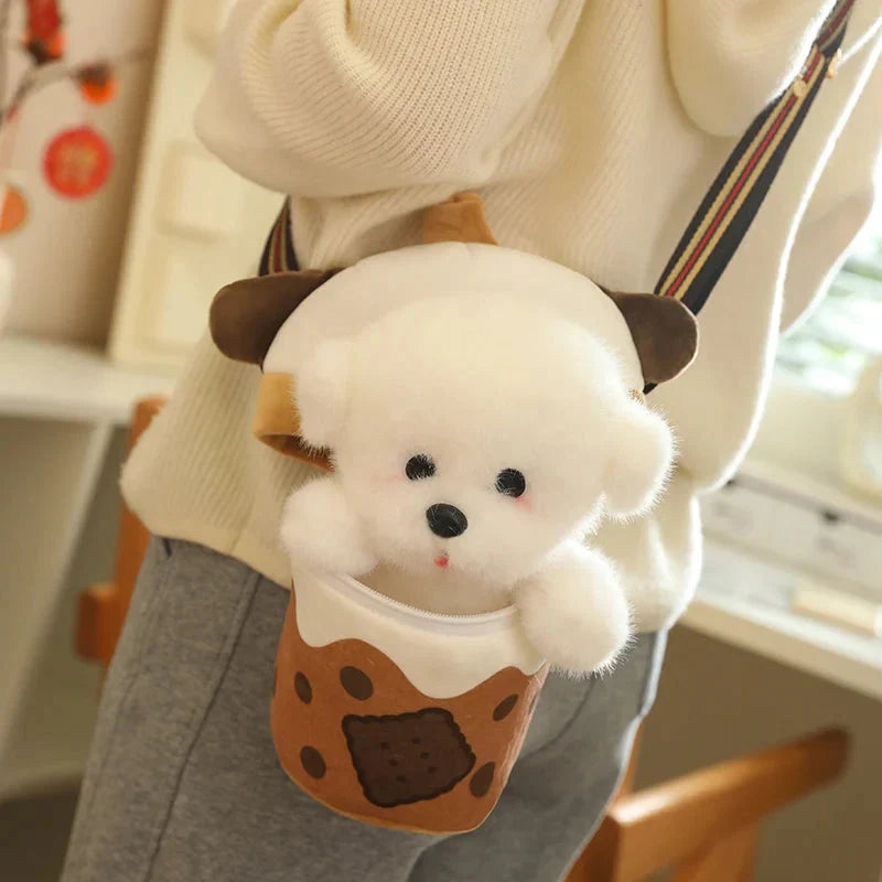 Adorable White Bichon Frisé Plushie Bubble Tea Cookie Tote