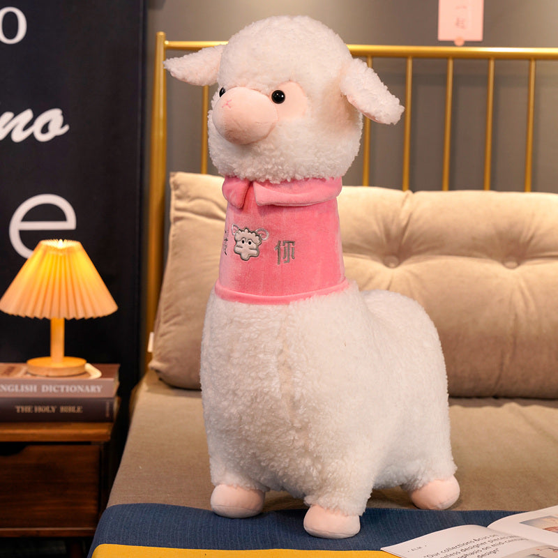 Adorable White and Pink Fluffy Alpaca Plush Toy
