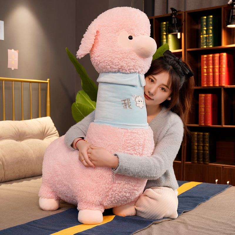 Adorable White and Pink Fluffy Alpaca Plush Toy