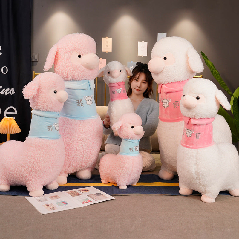 Adorable White and Pink Fluffy Alpaca Plush Toy