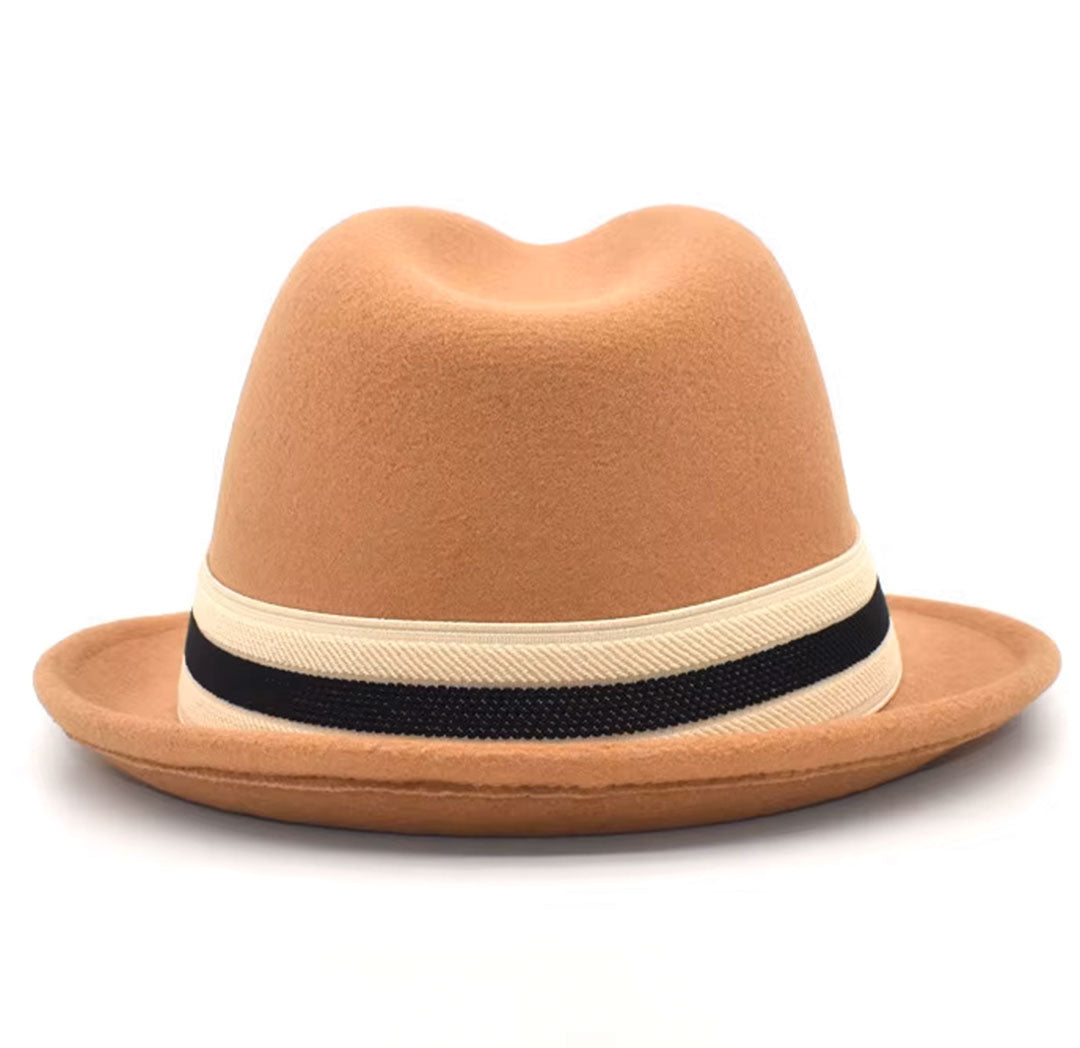Strukturierter Trilby-Hut aus Wolle im Manhattan-Stil mit Krempe und schwarz-weiß gestreiftem Hutband