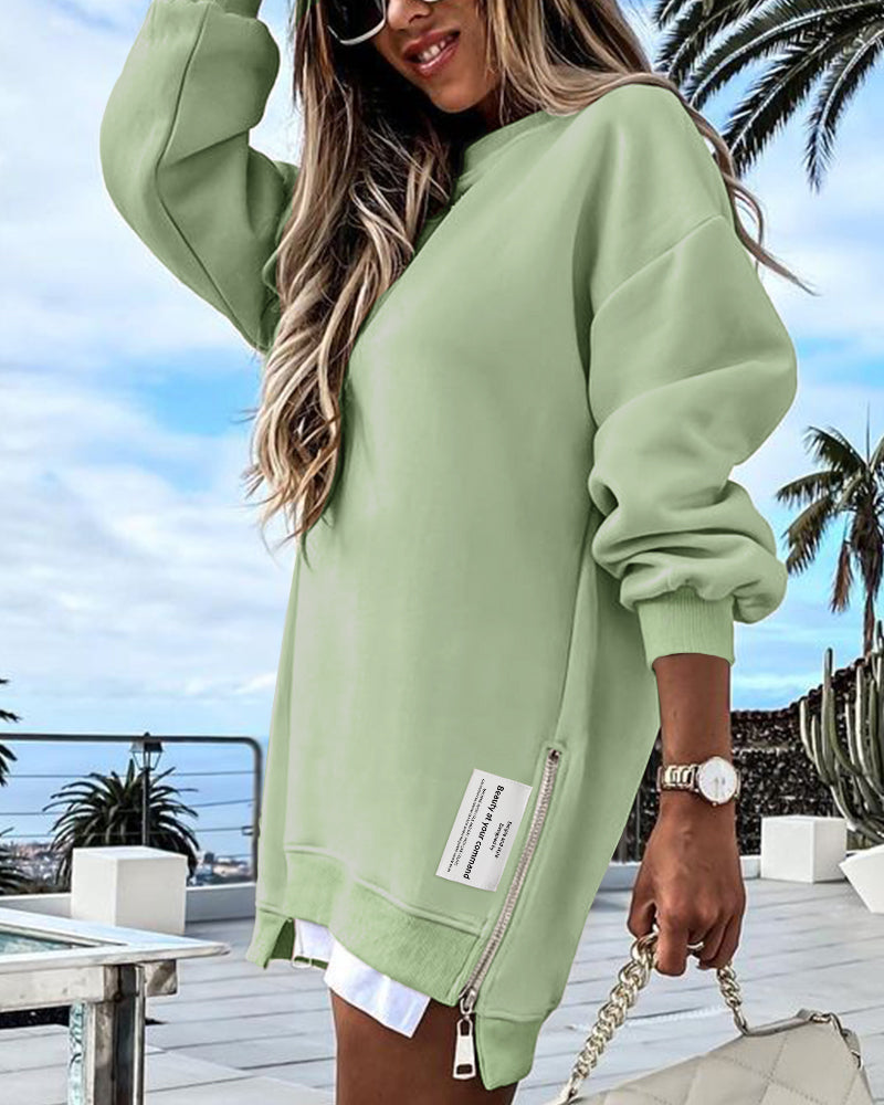 Letter Patch Detail Long Sleeve Drop Shoulder Pullover Sweatshirt Casual Zipper Side Slit Top