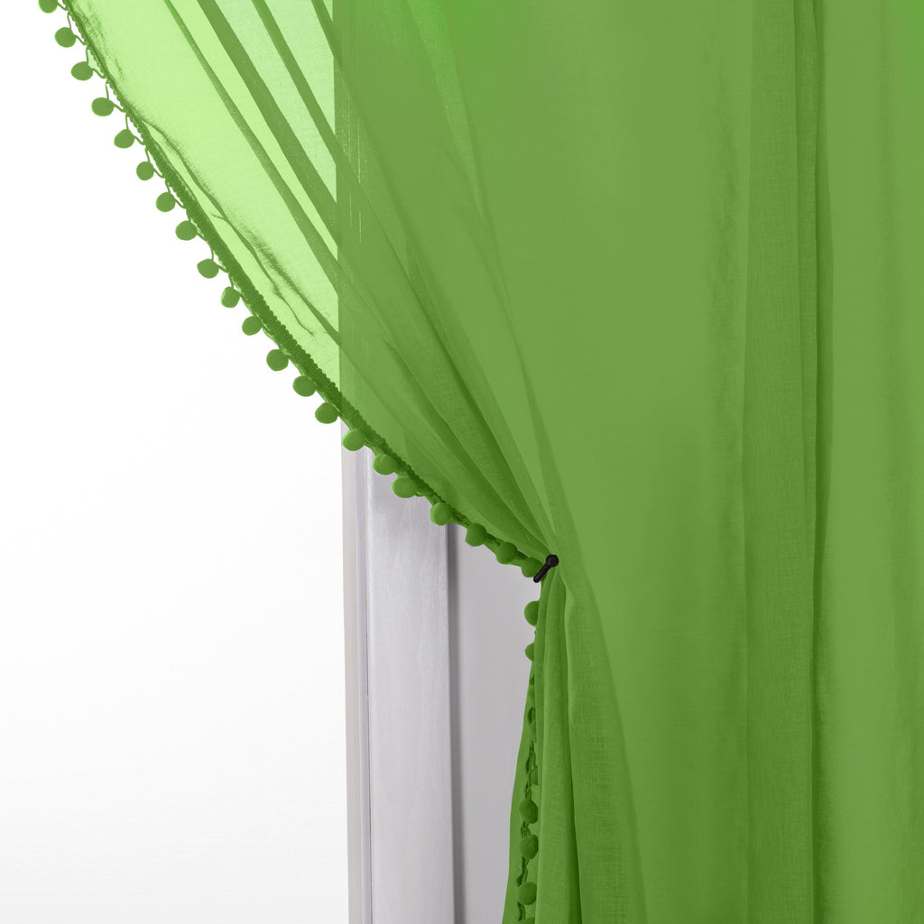 Elegant Comfort Set of 2 Pom Pom Tasseled Sheer Curtain - Rod Pocket