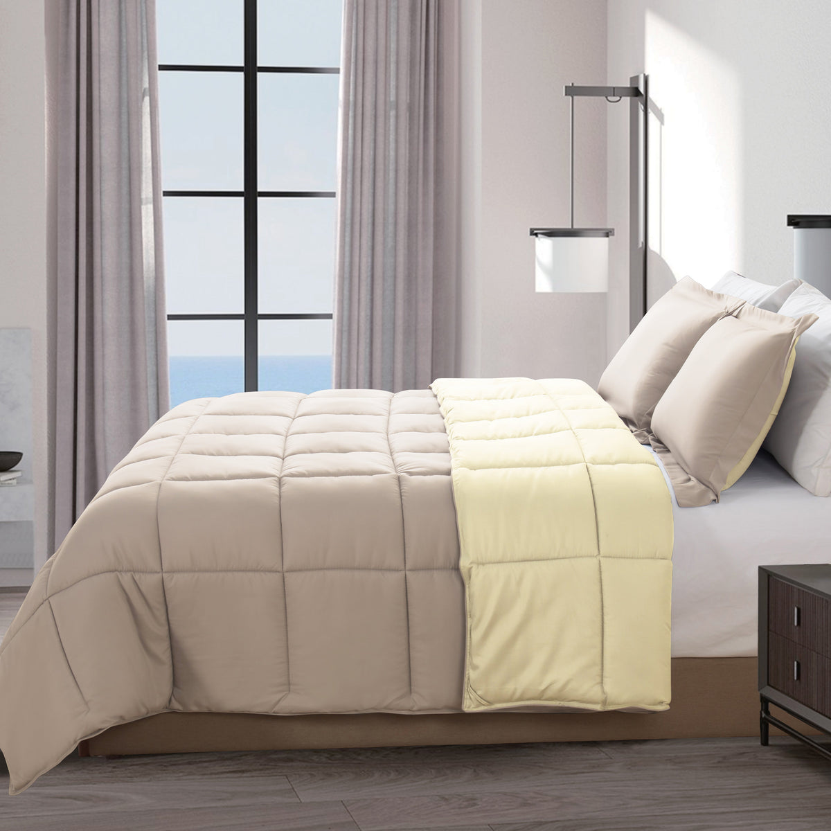 Elegant Comfort Reversible 3-Piece Box Stitched Comforter & Shams - Duvet Insert with 4 Corner Tabs