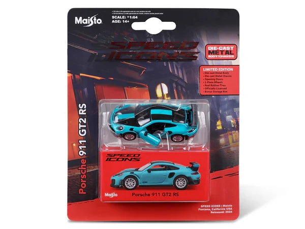 15707 Bburago Maisto - Icône de Vitesse : Porsche 911 GT2 RS, bleu - Échelle 1:64