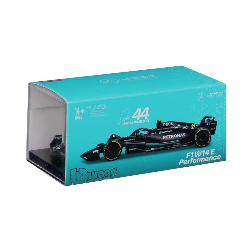18-38081 Bburago Race -Mercedes AMG F1 W14 EPerformance #44 Hamilton, avec casque