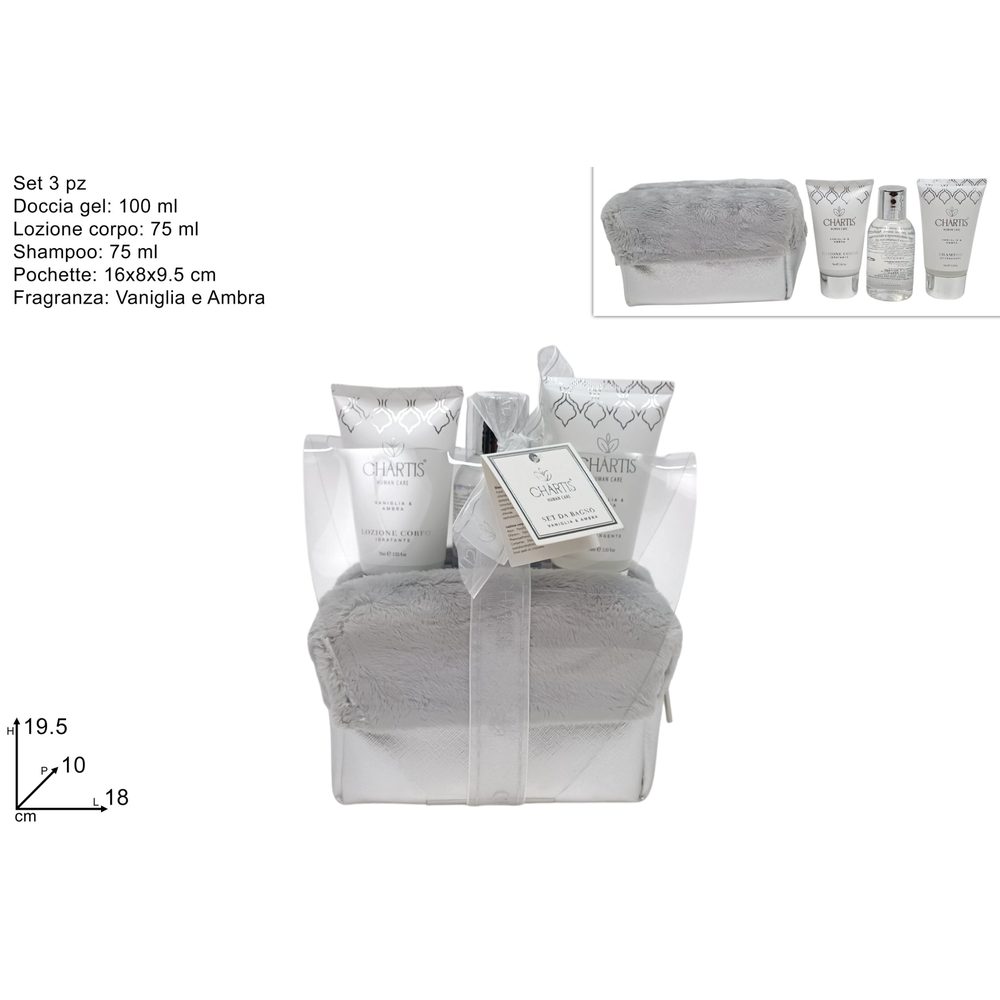 24021971 Coffret cadeau beauté argenté 3 pièces vanille et ambre avec pochette