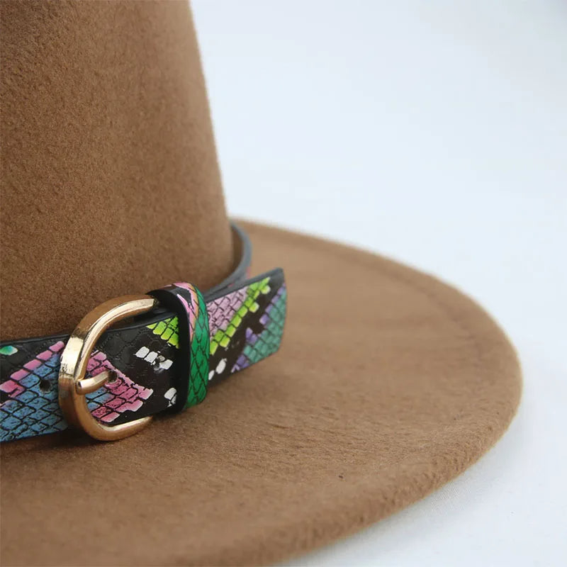 Wide Brim Wool Fedora Hat with Snake Skin Striped Band